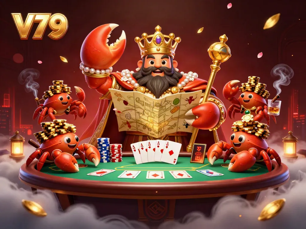 Experience vibrant V79 casino action with a golden crab emperor surrounded by poker elements and treasure.