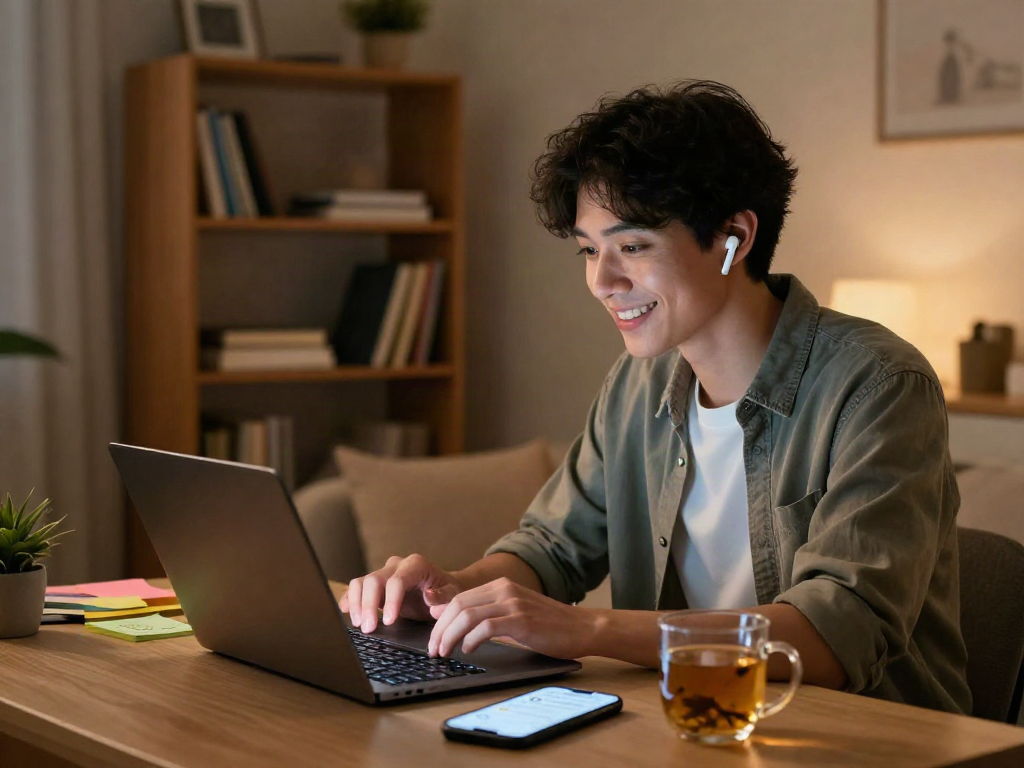 A cozy virtual chatting scene illustrating a person enjoying a porn ai chat on a laptop in a warm, inviting room.