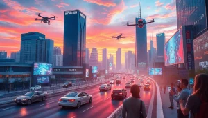 Depict a smart city showcasing new technology innovations in urban life.