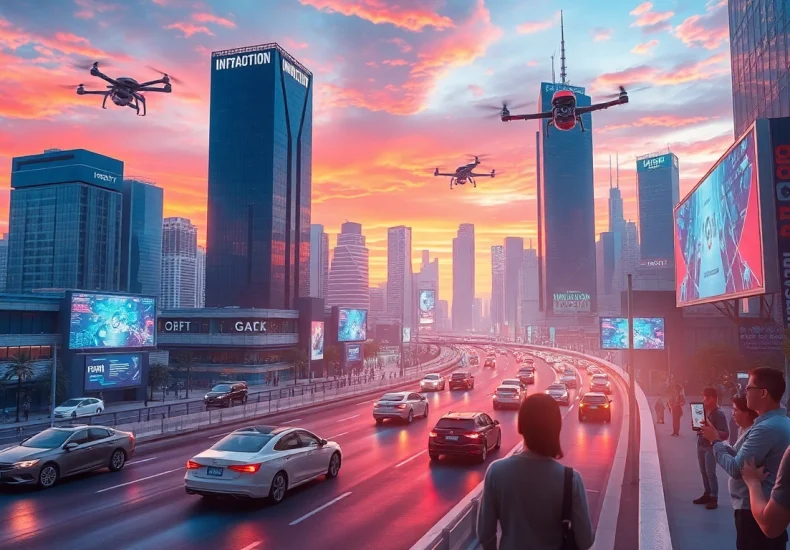 Depict a smart city showcasing new technology innovations in urban life.