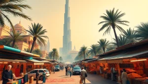 Experience the stunning travel to Dubai through a vibrant market scene featuring the Burj Khalifa.