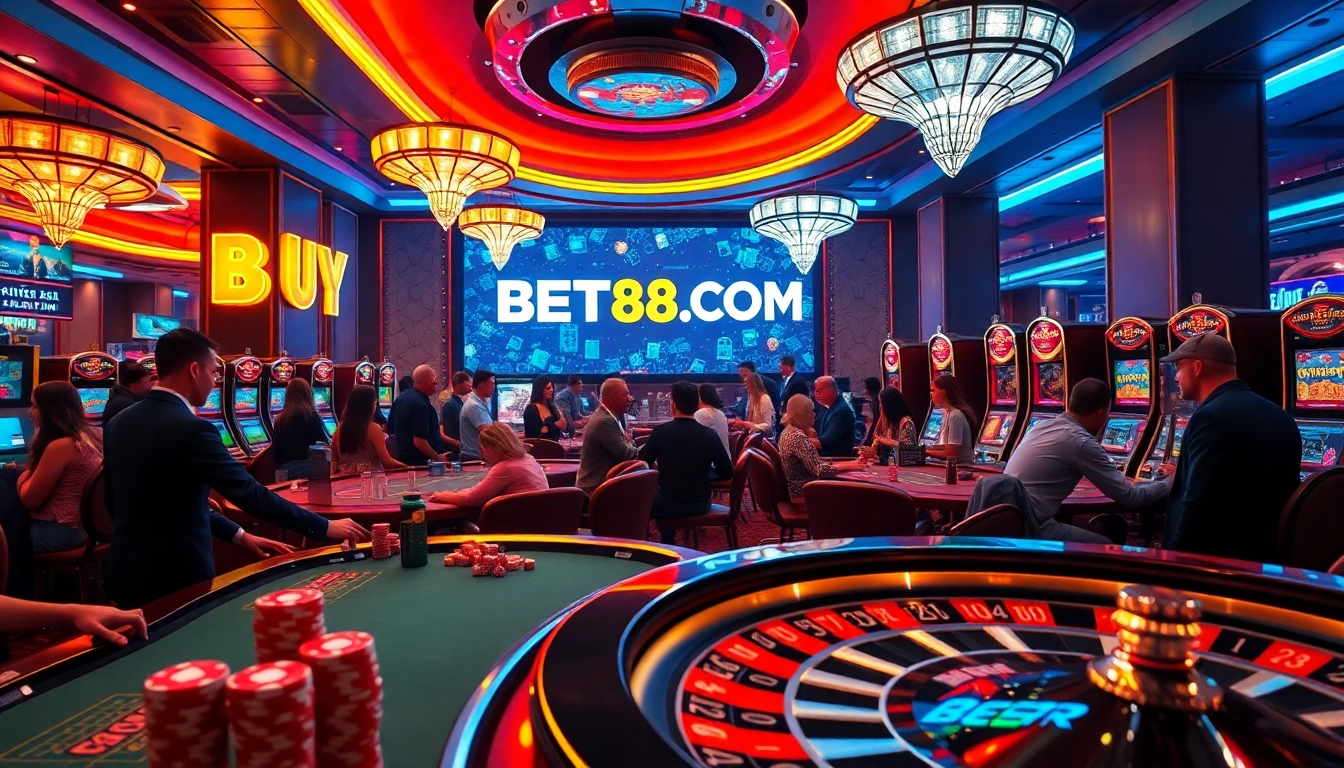 Experience the vibrant atmosphere of BET88 COM, where players engage enthusiastically with poker tables and dynamic slot machines.