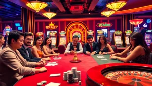Players celebrating while playing game bài đổi thưởng at a vibrant casino table with colorful chips and cards.