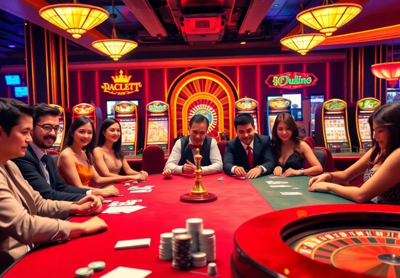 Players celebrating while playing game bài đổi thưởng at a vibrant casino table with colorful chips and cards.