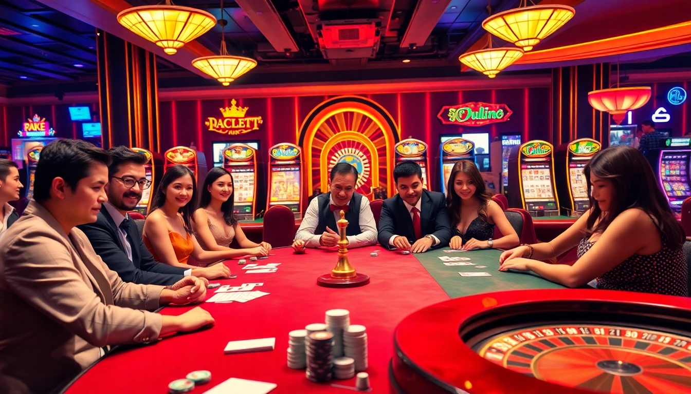 Players celebrating while playing game bài đổi thưởng at a vibrant casino table with colorful chips and cards.
