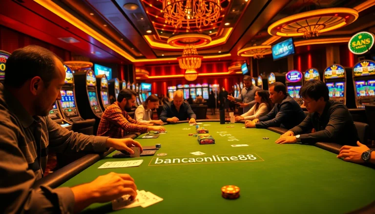 bancaonline88 brings a thrilling poker game scene to life with players, cards, and chips in action.