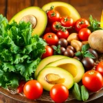 Prepare a colorful array of Healthy Food options, including fresh fruits and vegetables beautifully arranged on a rustic table.
