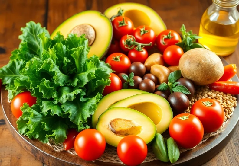 Prepare a colorful array of Healthy Food options, including fresh fruits and vegetables beautifully arranged on a rustic table.