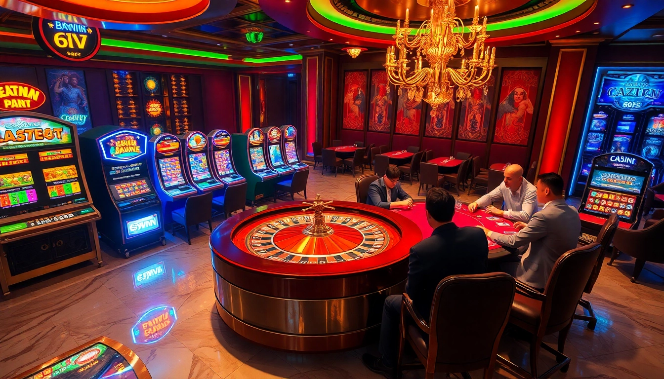 Experience the thrill of winning big at the 69VN casino, surrounded by roulette wheels and vibrant slot machines.
