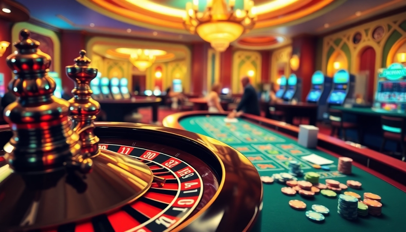 Experience the thrill of Nhà cái uy tín with a dynamic casino scene showcasing a spinning roulette wheel and eager players at the blackjack table.
