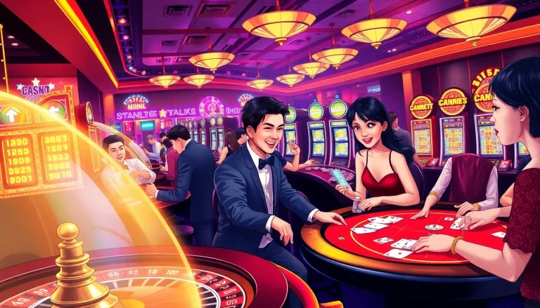 Excited gamblers at Dabet Hoa Kỳ's casino tables enjoying roulette and blackjack.