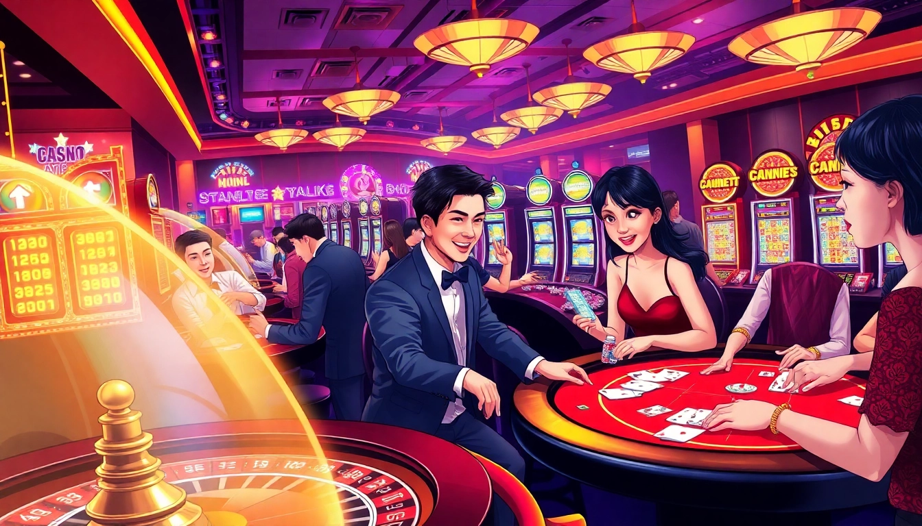 Excited gamblers at Dabet Hoa Kỳ's casino tables enjoying roulette and blackjack.