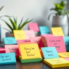 Colorful custom sticky notes showcasing various designs arranged on a stylish desk for creative inspiration.