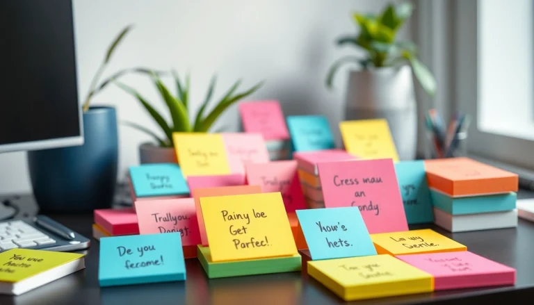 Colorful custom sticky notes showcasing various designs arranged on a stylish desk for creative inspiration.