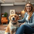 Psychologist with a dog Sydney providing a warm therapy session in a welcoming office setting.