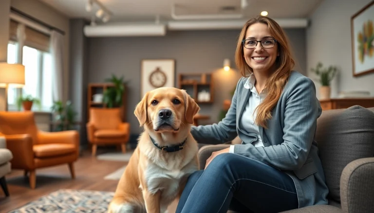 Psychologist with a dog Sydney providing a warm therapy session in a welcoming office setting.
