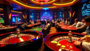KJC AC 3: A bustling casino scene showcasing vibrant roulette wheels and poker tables.