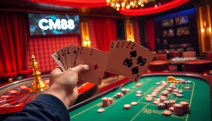 CM88 shines in a thrilling casino scene where a player celebrates a card game victory at a roulette table.