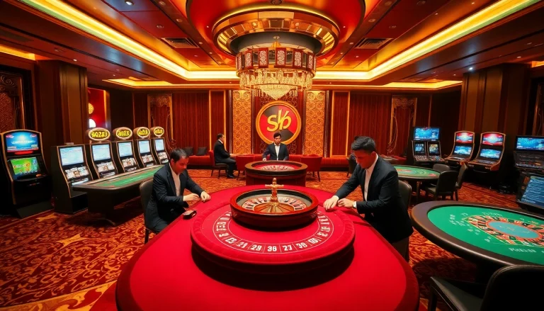 Experience the thrill of Sky88 top gaming with players enjoying high-stakes poker and exciting slot machines.