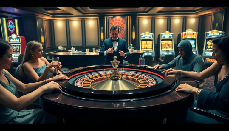 Excited players placing bets at a luxurious roulette table at urr88.com casino.