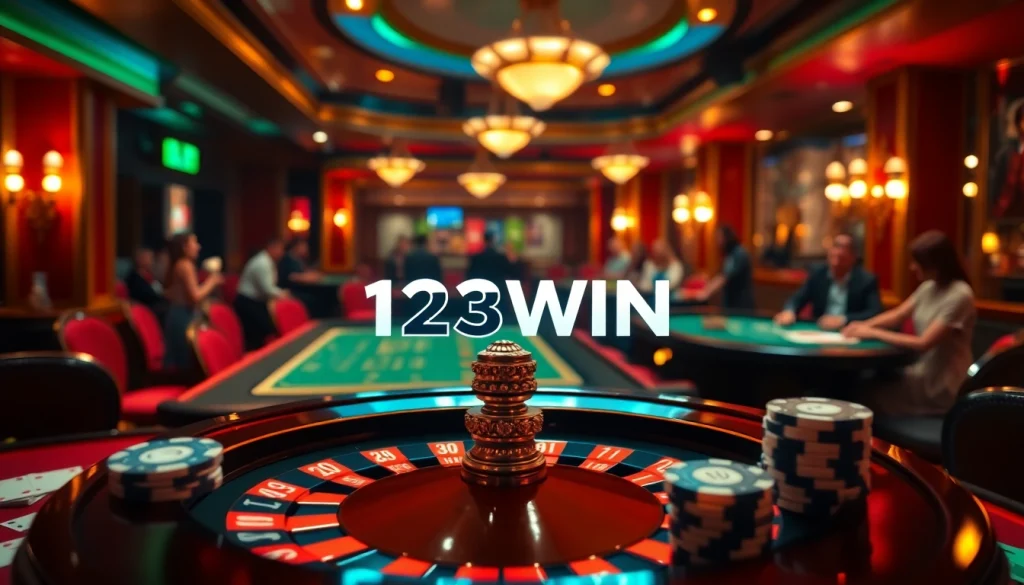 Experience the thrill of winning at 123WIN, showcasing luxury casino elements and vibrant games.