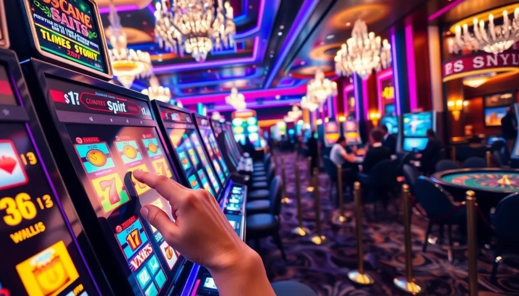 Spin a slot machine amidst the excitement of a vibrant casino floor.