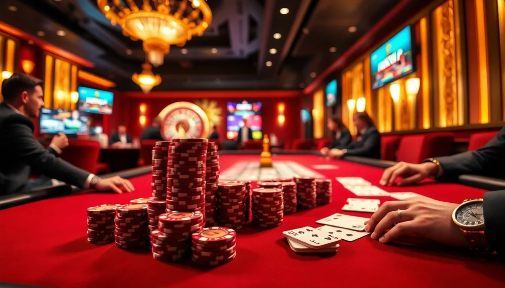 Gamblers immersed in a thrilling game at a rikvip poker table in a luxurious casino.