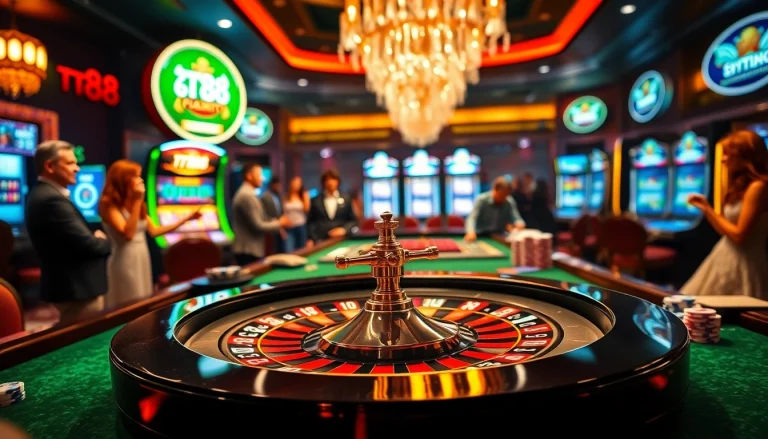 TT88 roulette table surrounded by enthusiastic players in a luxurious casino setting