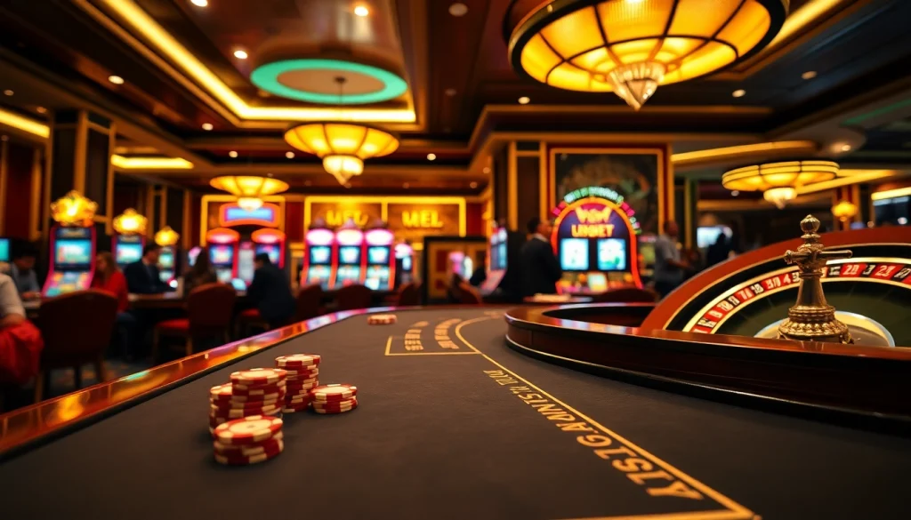 Intense players engaged at the VSBET table with colorful chips and a dynamic casino atmosphere.