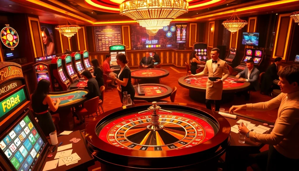 F8Bet players enjoying a lively casino atmosphere with roulette and poker games.