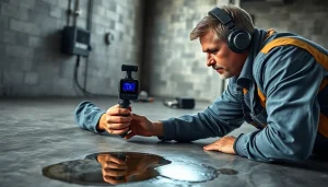Leak in concrete floor being assessed by a professional using advanced detection tools.