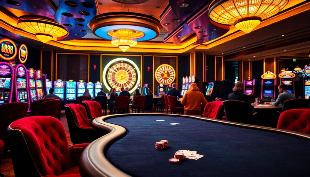 Experience high-stakes gaming with U888 at a luxurious casino featuring poker tables and slot machines.