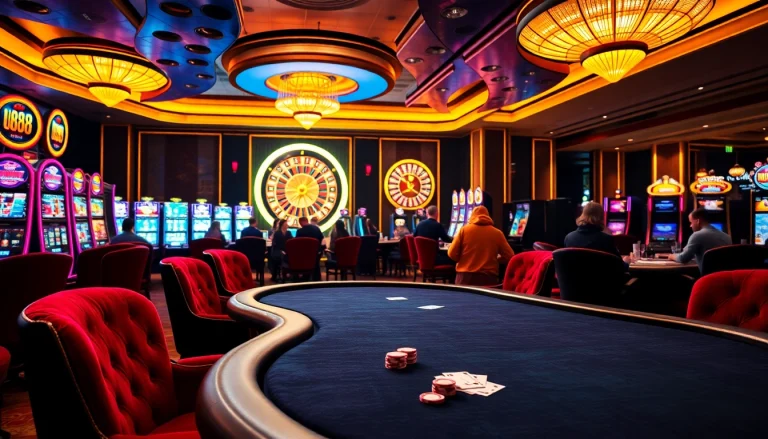 Experience high-stakes gaming with U888 at a luxurious casino featuring poker tables and slot machines.