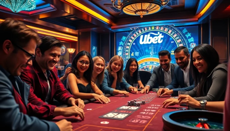Gamblers experiencing the excitement of usbet at a luxurious poker table, surrounded by vibrant casino elements.