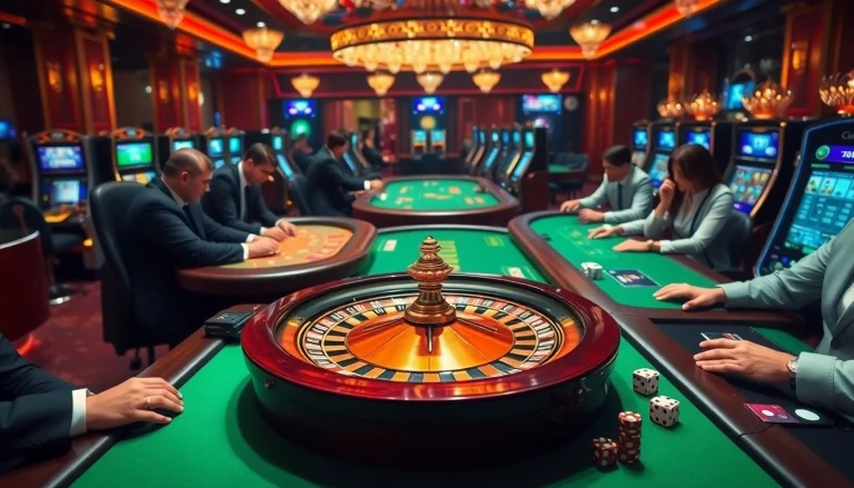 Players enjoy high-stakes action at UU88 casino, with roulette and poker tables in a luxurious setting.