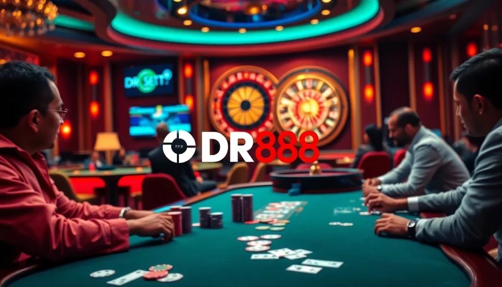 Exciting poker action at DR88 casino with vibrant chips and cards.