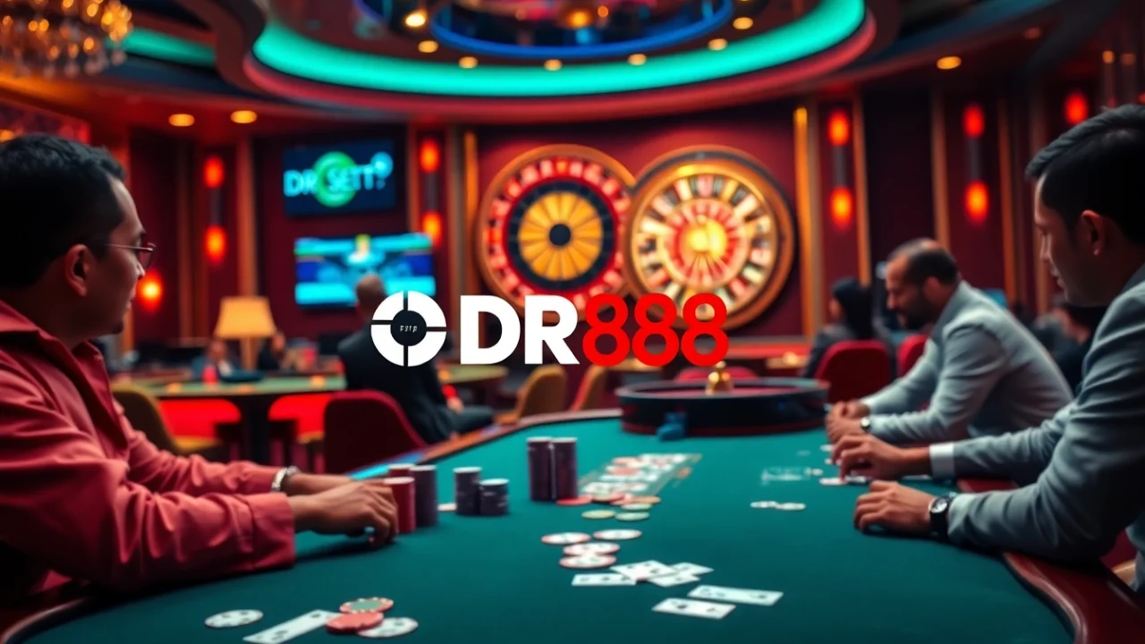 Exciting poker action at DR88 casino with vibrant chips and cards.
