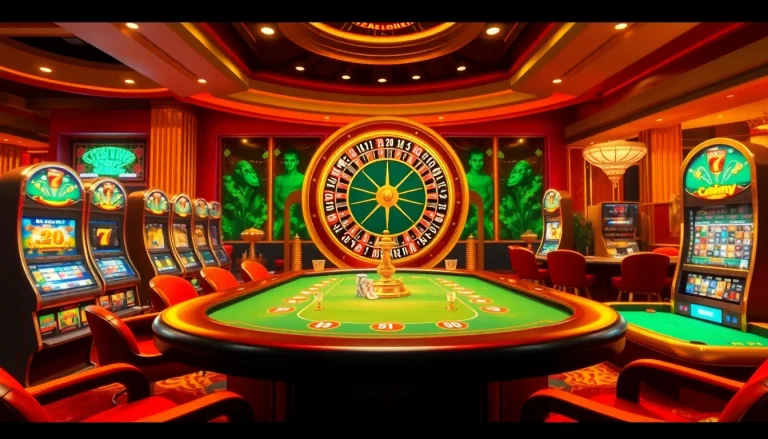 Players enjoying a thrilling poker game at https://78winbiz.com/ casino with vibrant slot machines and roulette.