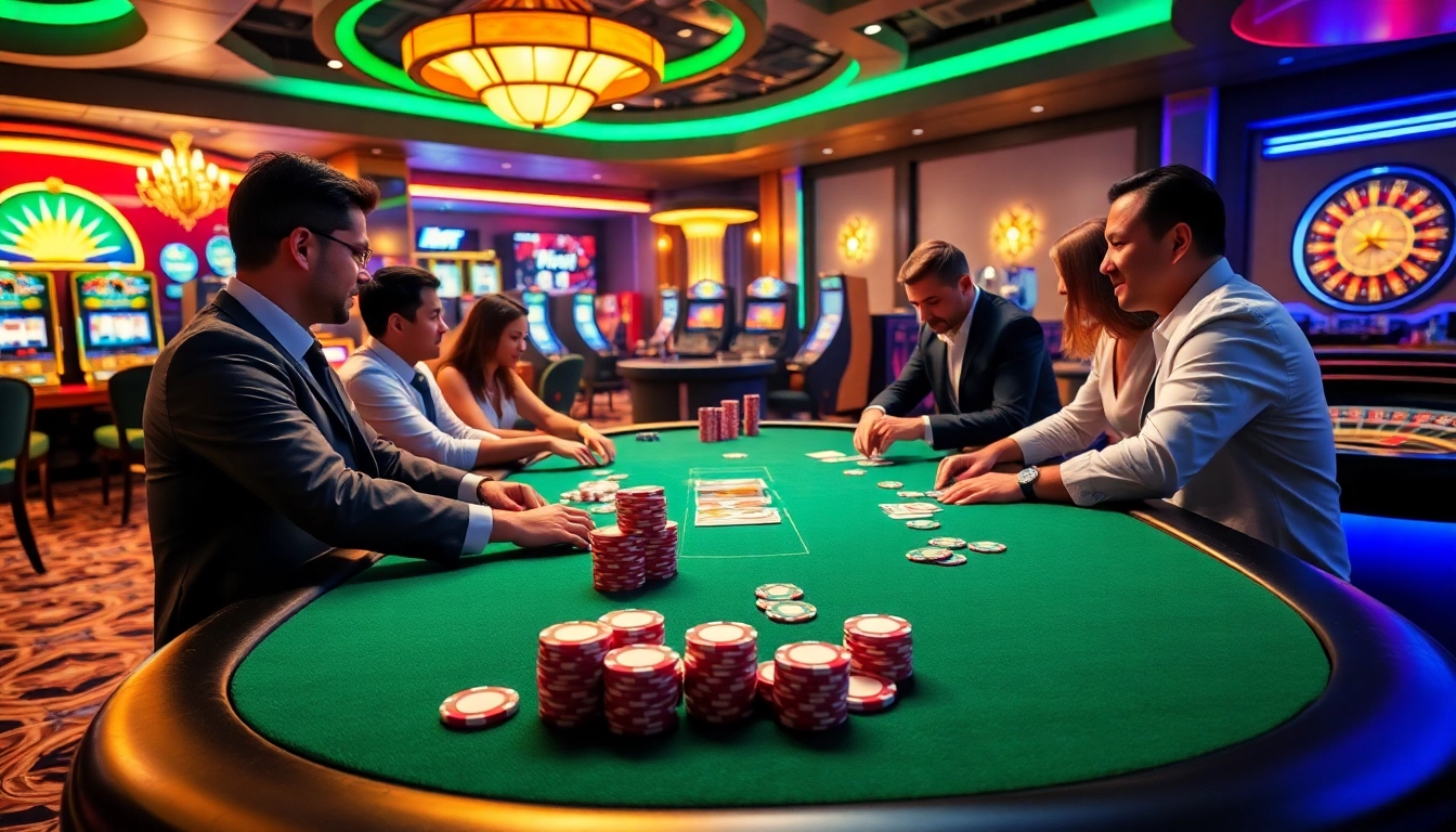 Players strategizing at a Lucky88 poker table in a luxurious casino setting with vibrant chips and cash.