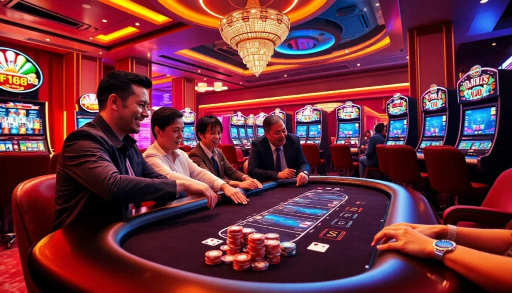 Experience the excitement of F168 with engaging slot machines and poker gameplay in a luxurious casino setting.