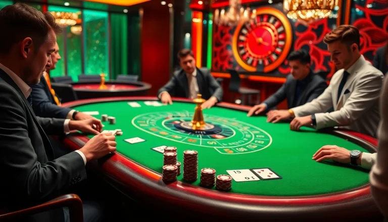 Gamblers enjoying a professional game at DR88 casino, showcasing thrilling poker action with vibrant poker chips.