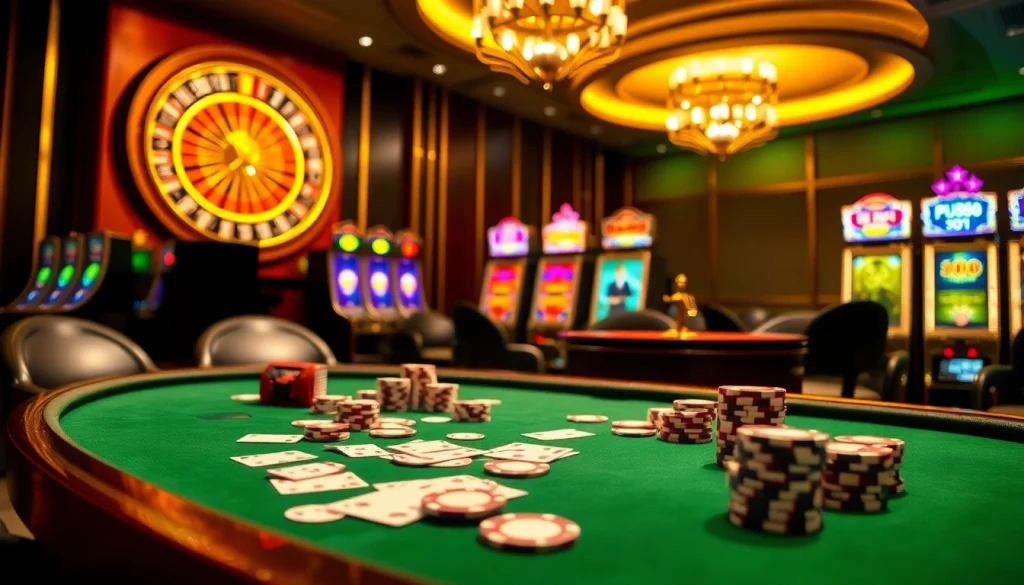 Experience the thrill of gambling at PU888 with vibrant casino visuals showcasing poker and slot machines.