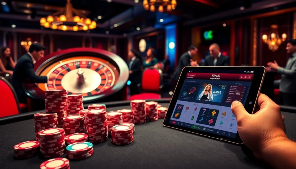 Experience the thrill of gaming at King88 com's luxurious poker table, with cards and chips.