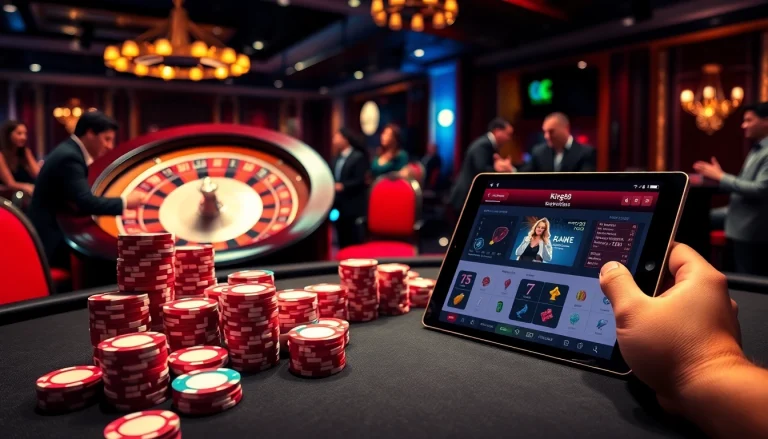 Experience the thrill of gaming at King88 com's luxurious poker table, with cards and chips.