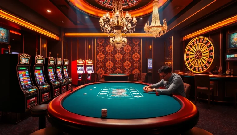 A vibrant casino scene capturing excitement, featuring elements of 98win.exposed, including poker tables and slot machines.