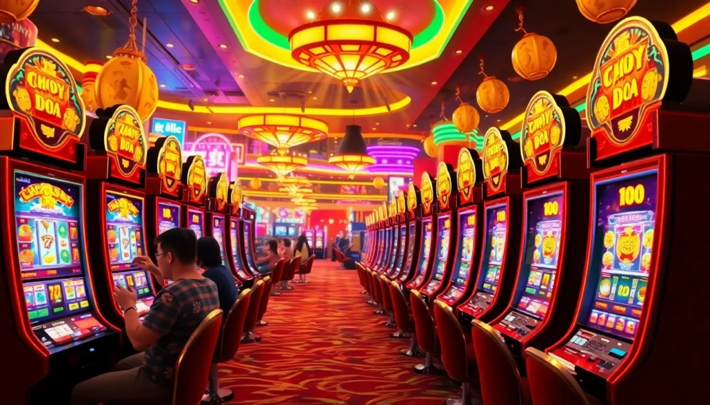 Excited players enjoying the vibrant doaslot slot machines in a bustling casino atmosphere.