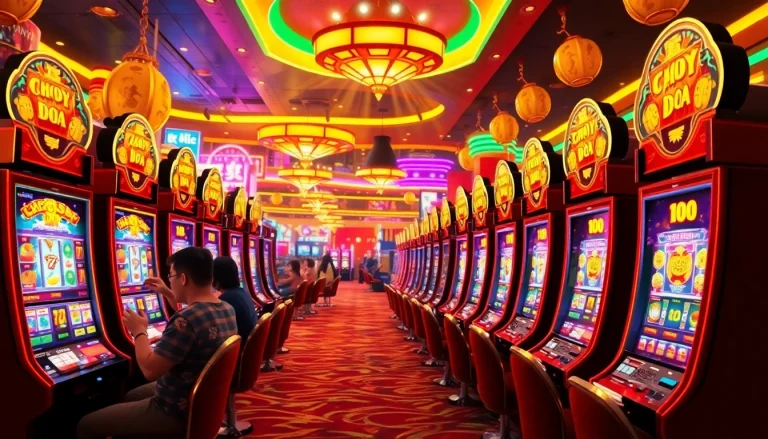 Excited players enjoying the vibrant doaslot slot machines in a bustling casino atmosphere.