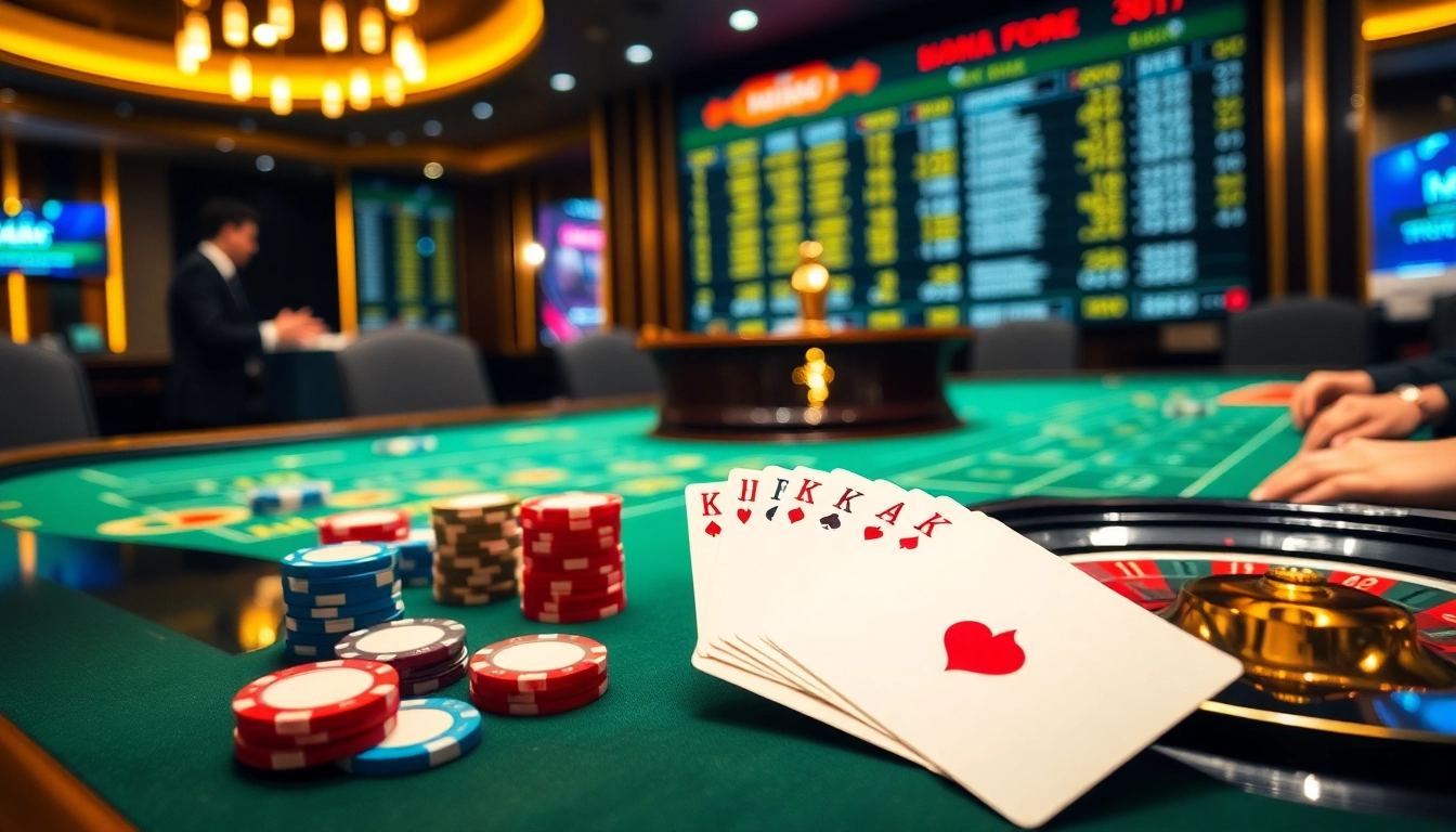 Exciting casino scene showcasing MM88 with poker chips, cards, and roulette wheel.