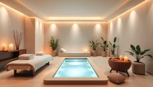 Spa Ads showcasing a tranquil treatment room with soothing earth tones, luxurious towels, and calming ambiance.