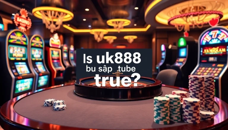 Visual representation of a lively casino scene, highlighting the phrase "uk88 bị sập" amidst elegant gaming tables.